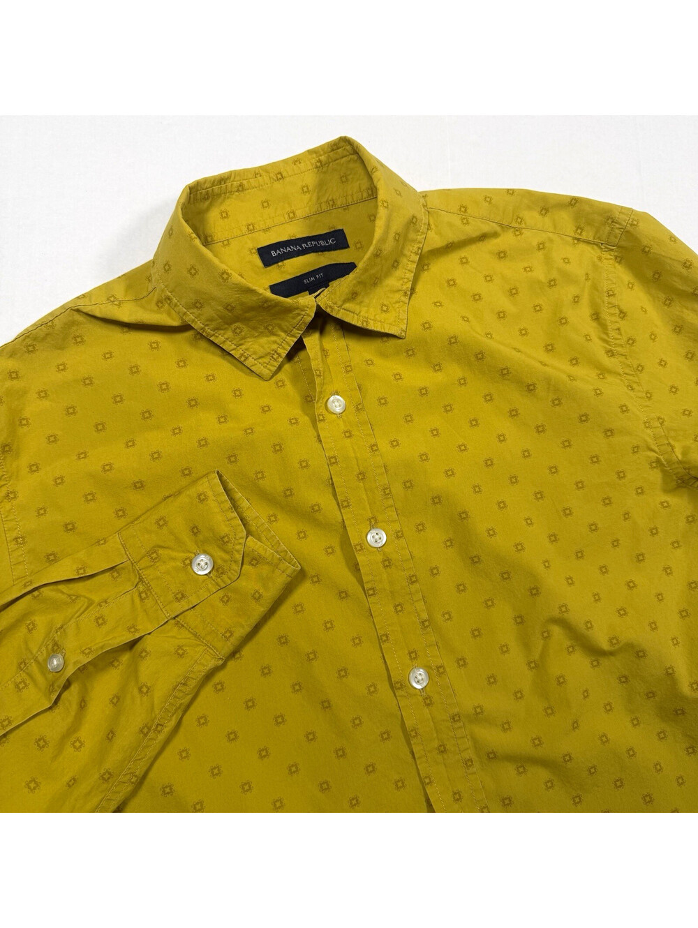 Banana Republic Slim Fit Long Sleeve Button-Up Yellow Geometric Cotton Shirt S